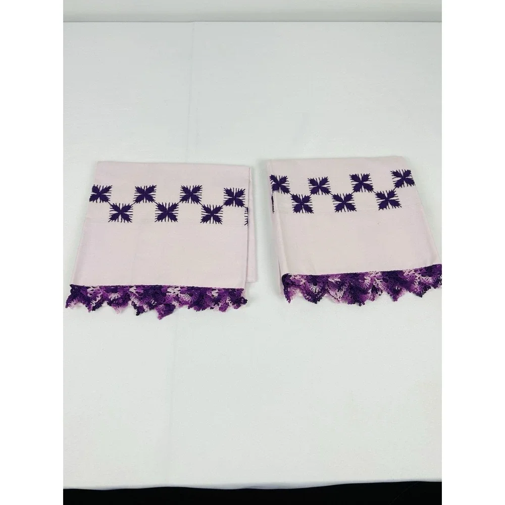 Vintage Cross Stitched Pillowcases Pink w/Purple Stitching 33 x 20